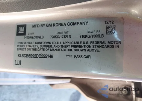 2013 Chevrolet Spark Ls Auto from USA, damaged, VIN KL8CB6S92DC555146